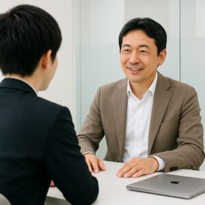 社長と部下が1on1ミーティングで対話している構図