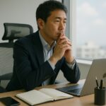 デスクでPCを前に物思いに耽っている40代経営者。事業、組織に悩みは尽きない。思考を整理して、次のステージにいきたいという画像