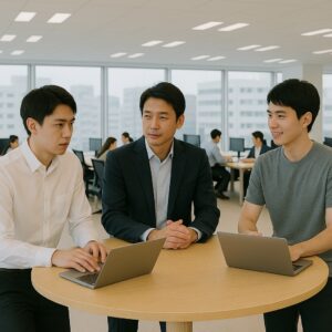 男性３人。部下の悩みを一緒になって考える中央の管理職の画像