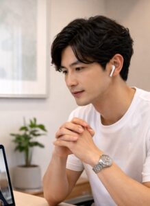 40代の経営者がオンラインでプロコーチとエグゼクティブコーチングセッションに臨んでいる様子