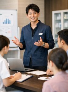 クリニック院長がスタッフとミーティングをしているシーン