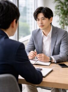 管理職マネジャーが部下育成・1on1ミーティングをしているシーン