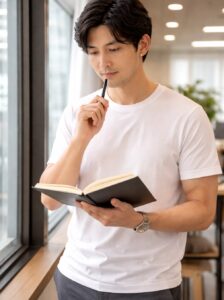 40代の経営者・執行役員がオフィスの窓際でコーチングセッションの内容を振り返っているシーン