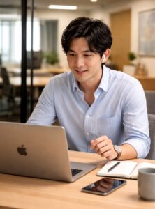 執行役員がオンラインコーチングセッションに臨んでいるシーン