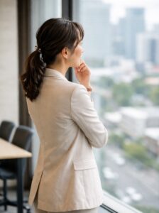 会社の成長が今踊り場。物思いに耽り悩み多い女性社長のうしろ姿