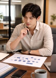 執行役員がデスクに目を落とし、そこにある組織図を見ながら戦略を考えているシーン