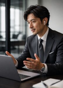 コーチングセッションで経営課題を話す経営者のオンライン面談シーン