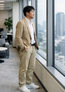 部長・執行役員の管理職が一人でオフィスの窓際に立ち、孤独を感じているシーン